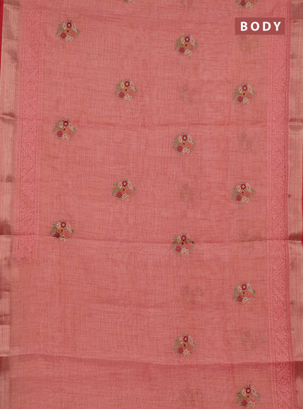 Linen cotton saree peach shade and red with embroidery buttas and embroidery zari border