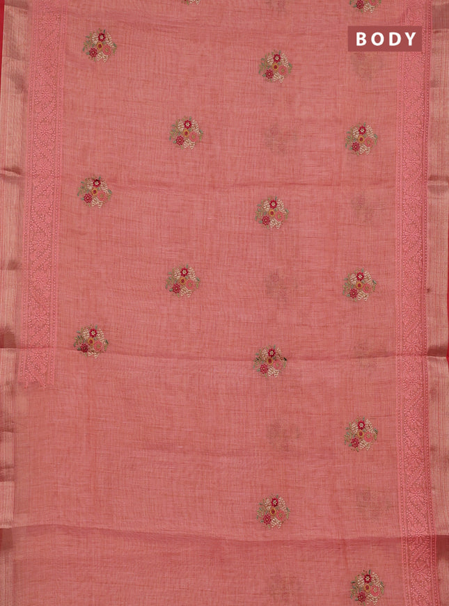 Linen cotton saree peach shade and red with embroidery buttas and embroidery zari border
