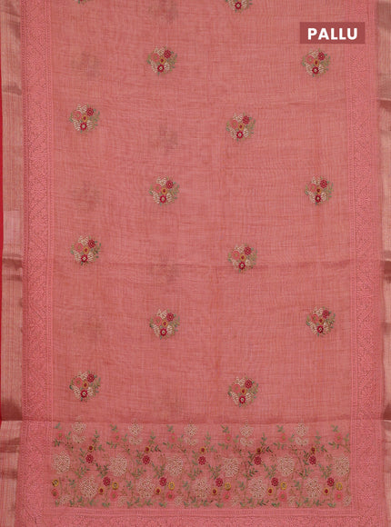 Linen cotton saree peach shade and red with embroidery buttas and embroidery zari border