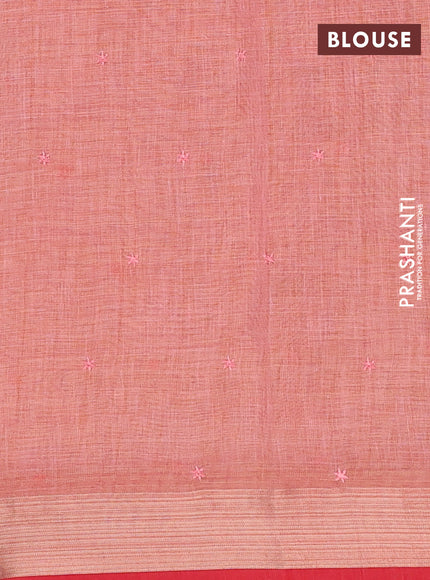 Linen cotton saree peach shade and red with embroidery buttas and embroidery zari border
