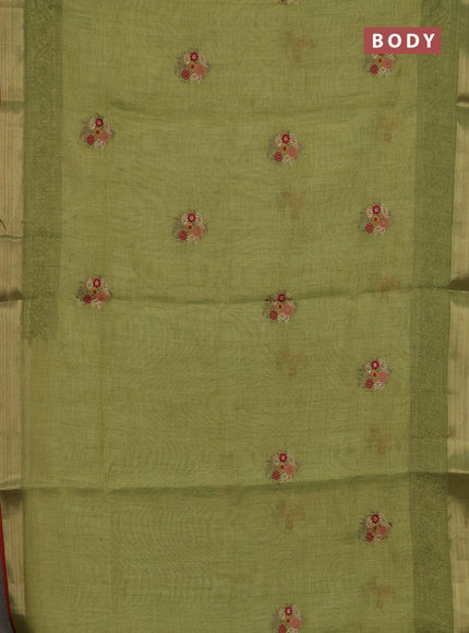 Linen cotton saree light green and maroon with embroidery buttas and embroidery zari border