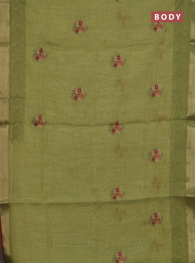 Linen cotton saree light green and maroon with embroidery buttas and embroidery zari border