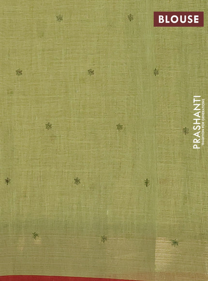 Linen cotton saree light green and maroon with embroidery buttas and embroidery zari border