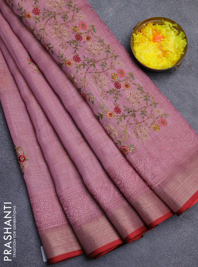 Linen cotton saree light pink and maroon with embroidery buttas and embroidery zari border