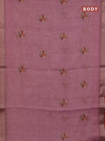 Linen cotton saree light pink and maroon with embroidery buttas and embroidery zari border