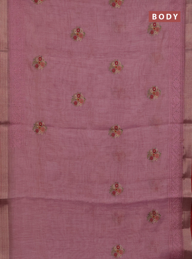 Linen cotton saree light pink and maroon with embroidery buttas and embroidery zari border
