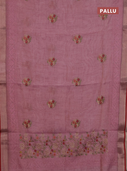 Linen cotton saree light pink and maroon with embroidery buttas and embroidery zari border