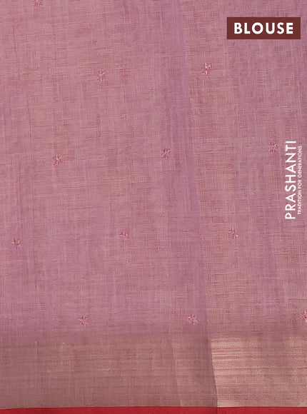 Linen cotton saree light pink and maroon with embroidery buttas and embroidery zari border