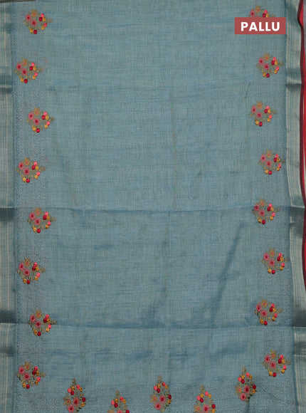 Linen cotton saree pastel blue and maroon with allover embroidery work and zari woven border