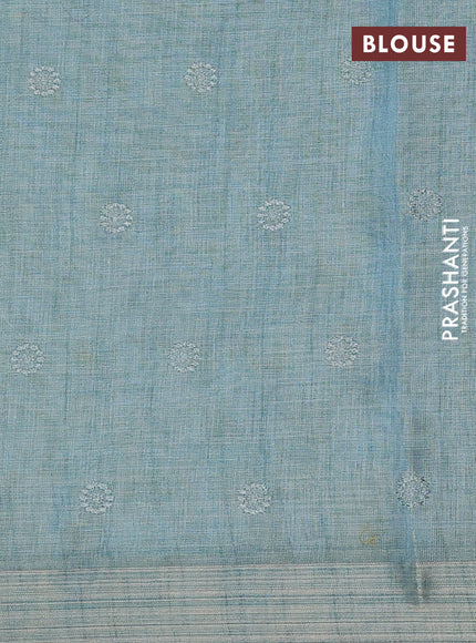 Linen cotton saree pastel blue and maroon with allover embroidery work and zari woven border