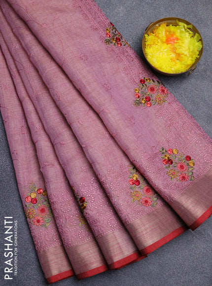 Linen cotton saree light pink and red with allover embroidery work and zari woven border