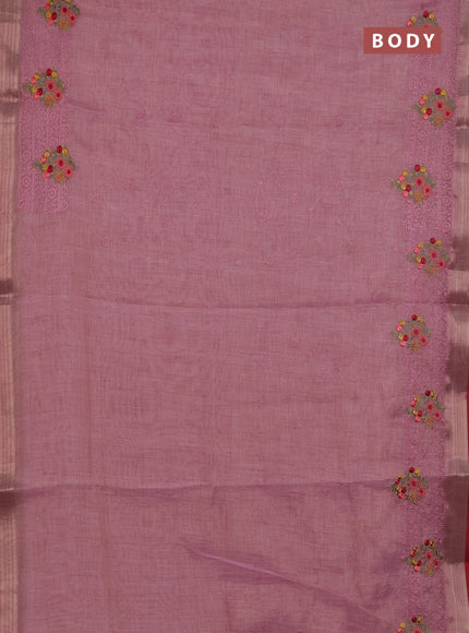 Linen cotton saree light pink and red with allover embroidery work and zari woven border