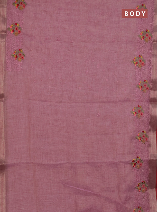Linen cotton saree light pink and red with allover embroidery work and zari woven border