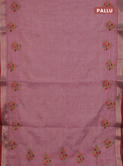 Linen cotton saree light pink and red with allover embroidery work and zari woven border