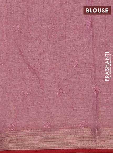 Linen cotton saree light pink and red with allover embroidery work and zari woven border