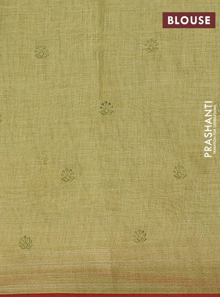Linen cotton saree light green and red with allover embroidery work and zari woven border