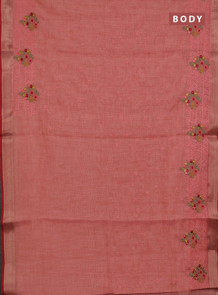 Linen cotton saree peach shade and red with allover embroidery work and zari woven border