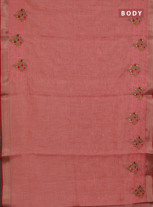 Linen cotton saree peach shade and red with allover embroidery work and zari woven border