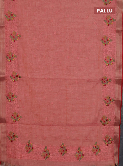 Linen cotton saree peach shade and red with allover embroidery work and zari woven border