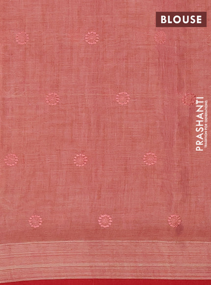 Linen cotton saree peach shade and red with allover embroidery work and zari woven border