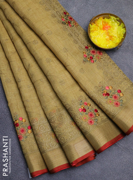 Linen cotton saree mustard yellow and maroon with allover embroidery work and zari woven border