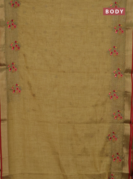 Linen cotton saree mustard yellow and maroon with allover embroidery work and zari woven border