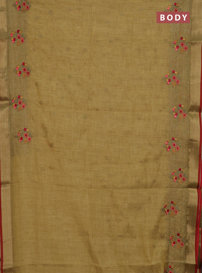 Linen cotton saree mustard yellow and maroon with allover embroidery work and zari woven border