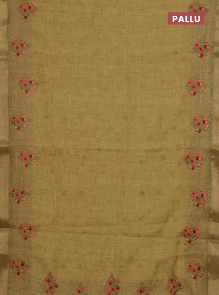 Linen cotton saree mustard yellow and maroon with allover embroidery work and zari woven border