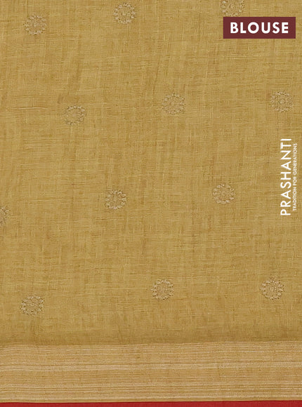 Linen cotton saree mustard yellow and maroon with allover embroidery work and zari woven border