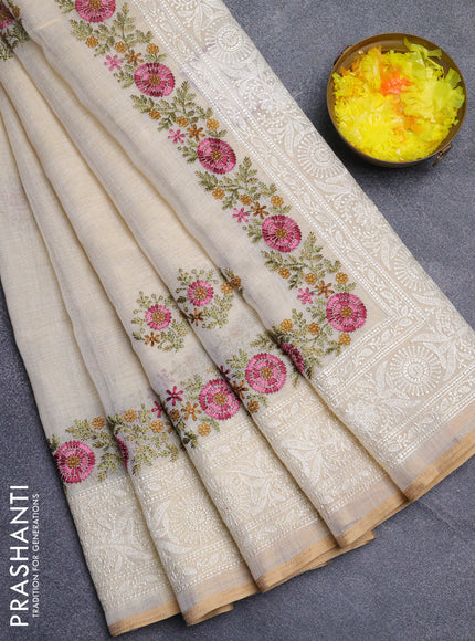 Linen cotton saree cream and mustard yellow with embroidery buttas and embroidery work zari border
