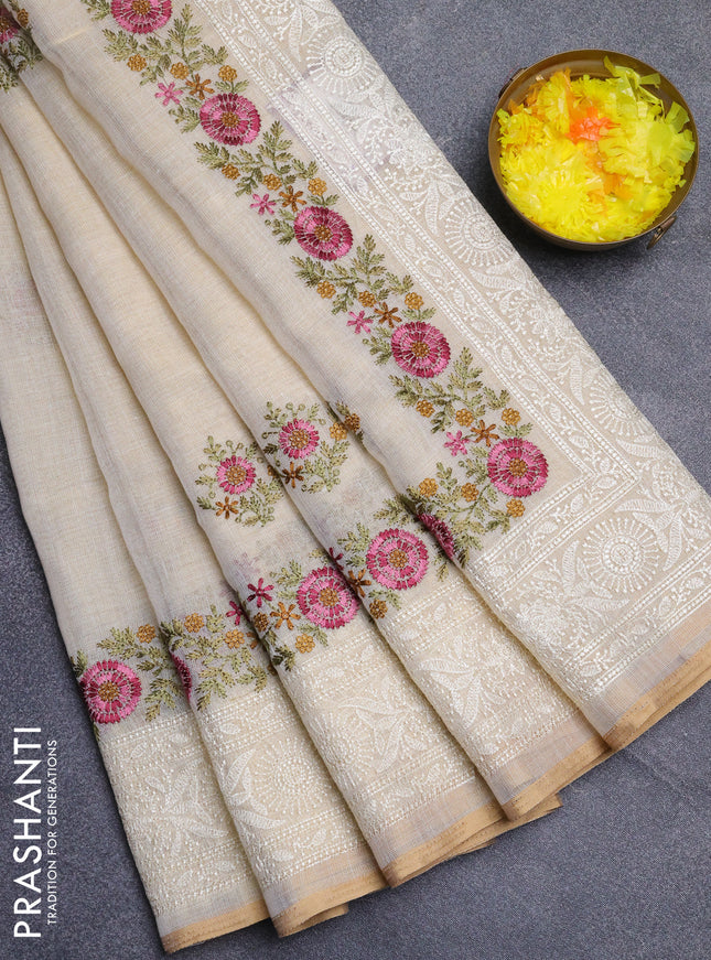 Linen cotton saree cream and mustard yellow with embroidery buttas and embroidery work zari border