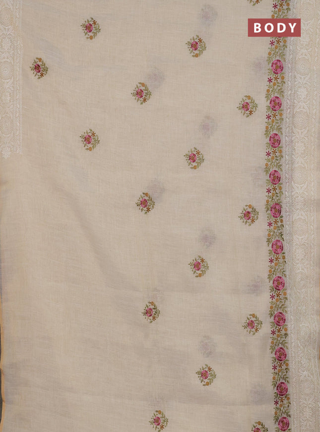 Linen cotton saree cream and mustard yellow with embroidery buttas and embroidery work zari border