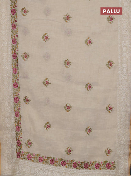 Linen cotton saree cream and mustard yellow with embroidery buttas and embroidery work zari border