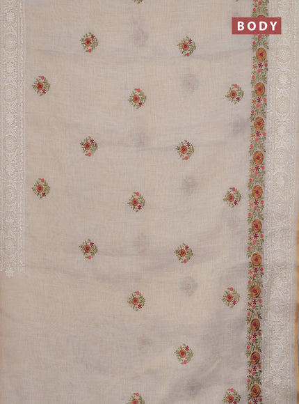 Linen cotton saree cream and maroon with embroidery buttas and embroidery work zari border