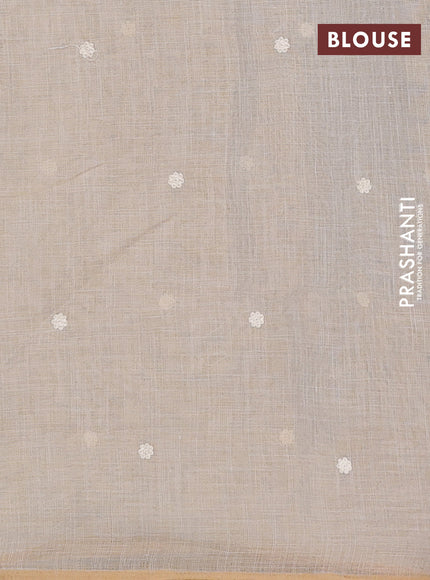 Linen cotton saree cream and teal blue with embroidery buttas and embroidery work zari border