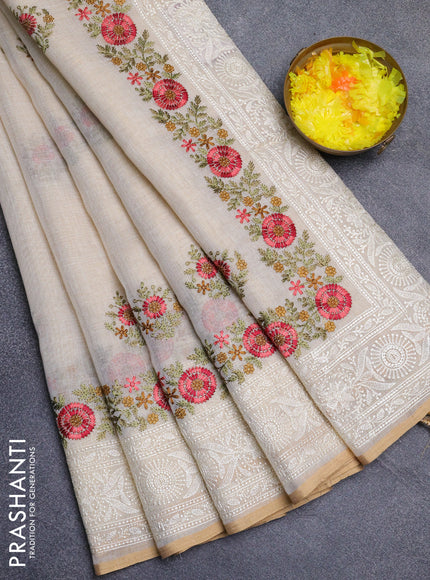 Linen cotton saree cream and peach pink with embroidery buttas and embroidery work zari border
