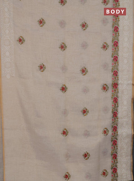 Linen cotton saree cream and peach pink with embroidery buttas and embroidery work zari border