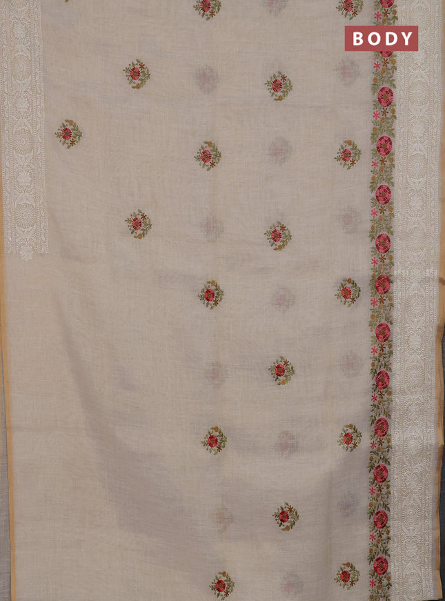 Linen cotton saree cream and peach pink with embroidery buttas and embroidery work zari border
