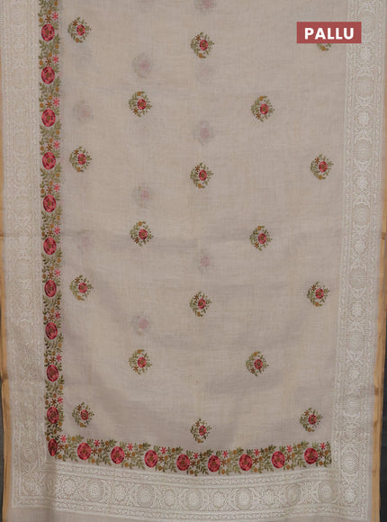 Linen cotton saree cream and peach pink with embroidery buttas and embroidery work zari border