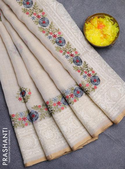 Linen cotton saree cream and grey with embroidery buttas and embroidery work zari border