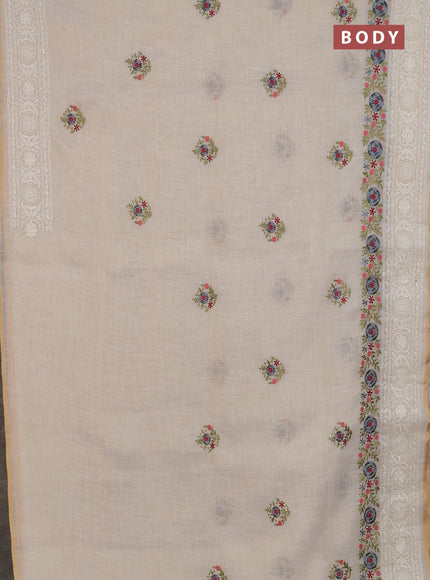 Linen cotton saree cream and grey with embroidery buttas and embroidery work zari border
