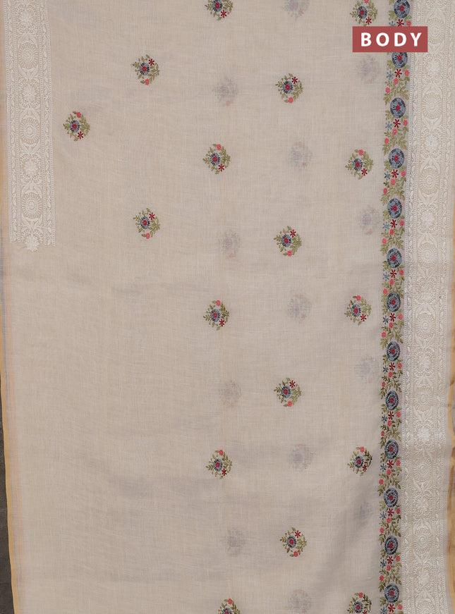 Linen cotton saree cream and grey with embroidery buttas and embroidery work zari border