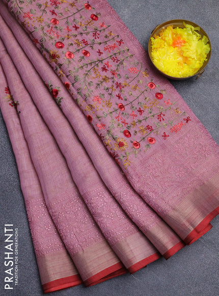 Linen cotton saree light pink and maroon with embroidery buttas and embroidery work zari border