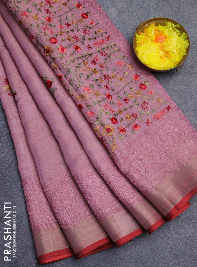 Linen cotton saree light pink and maroon with embroidery buttas and embroidery work zari border