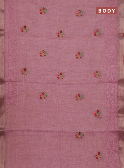 Linen cotton saree light pink and maroon with embroidery buttas and embroidery work zari border