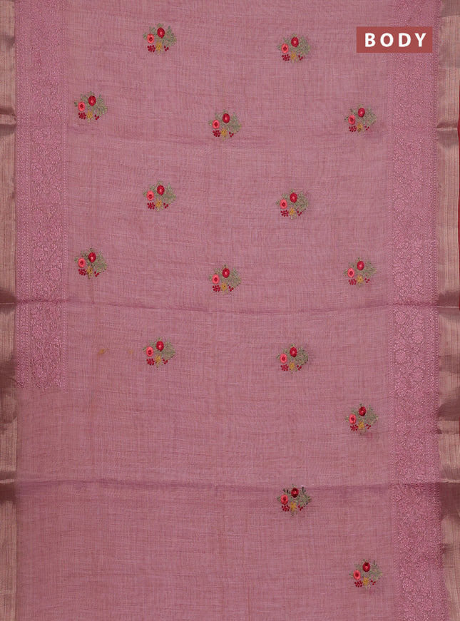 Linen cotton saree light pink and maroon with embroidery buttas and embroidery work zari border
