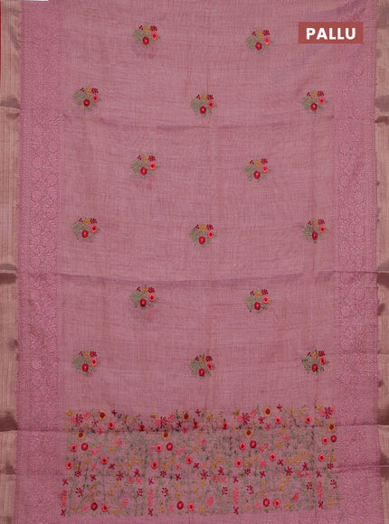 Linen cotton saree light pink and maroon with embroidery buttas and embroidery work zari border
