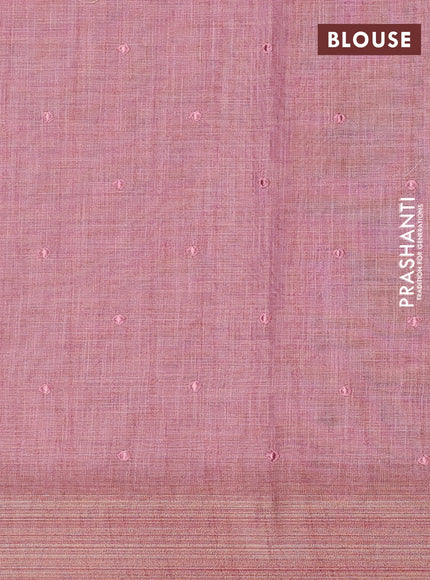 Linen cotton saree light pink and maroon with embroidery buttas and embroidery work zari border