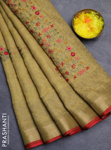 Linen cotton saree mustard yellow and maroon with embroidery buttas and embroidery work zari border