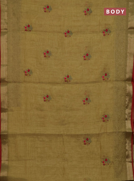 Linen cotton saree mustard yellow and maroon with embroidery buttas and embroidery work zari border